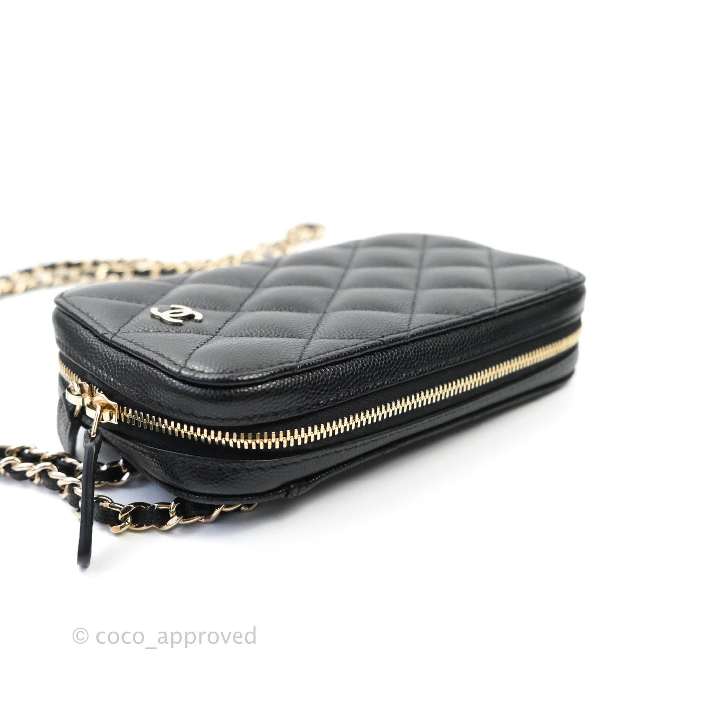 Chanel Quilted Classic Clutch With Chain Black Caviar Light Gold Hardware