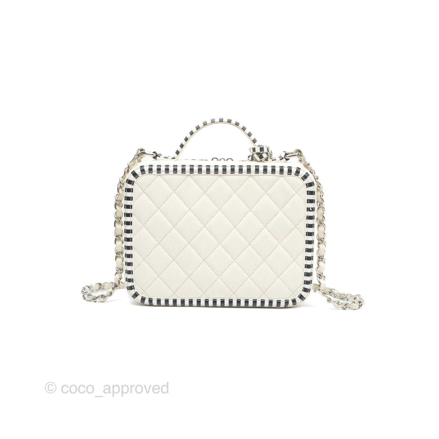 Chanel Quilted Medium CC Filigree Vanity Case White Black Stripe Caviar Silver Hardware