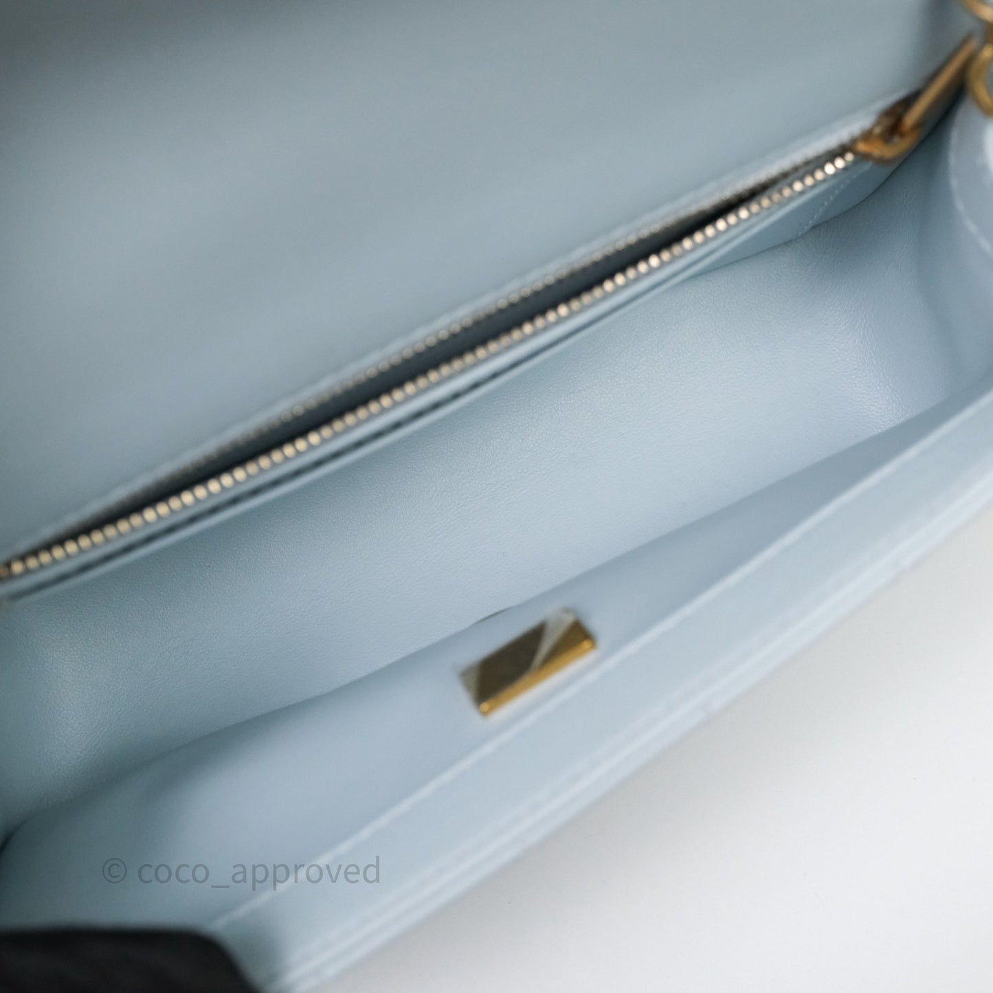 Chanel Pearl Crush Mini Rectangular Light Blue Lambskin Aged Gold Hardware