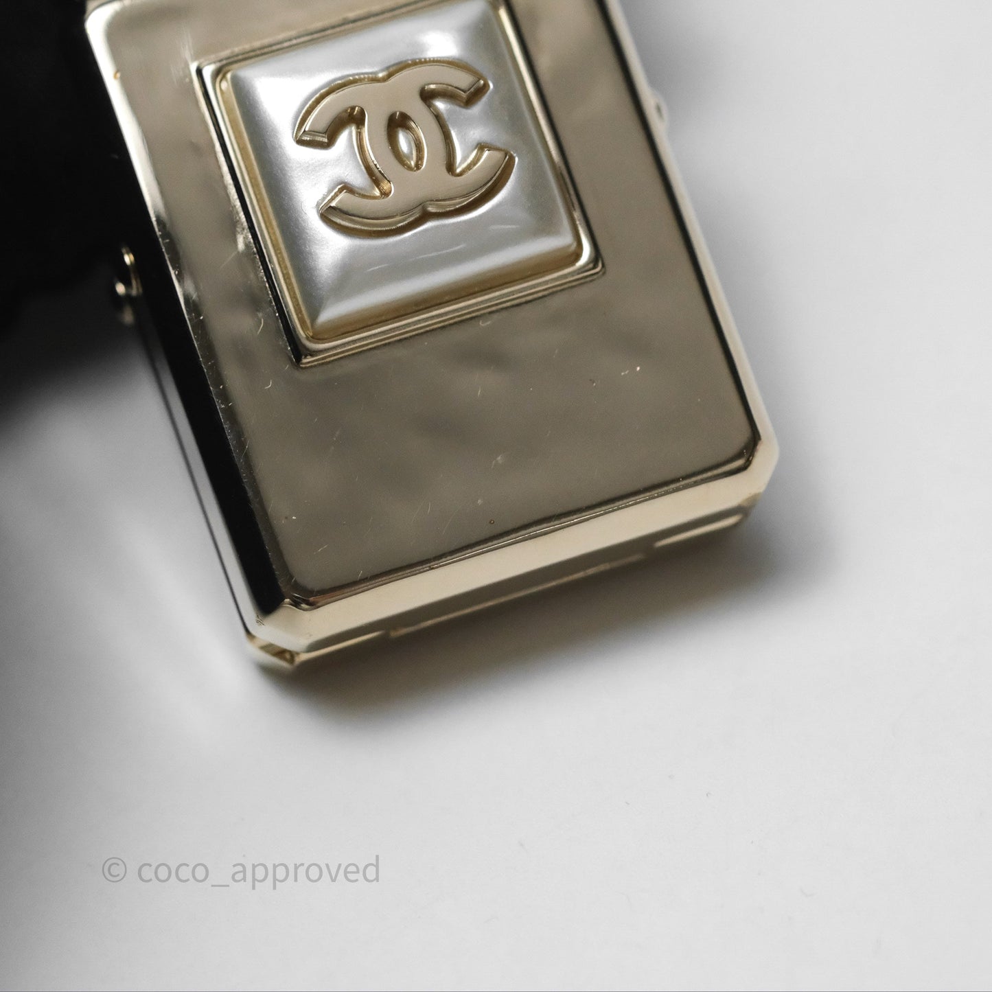 Chanel CC Metal Pearl Perfume Bottle Locket Necklace Gold Tone