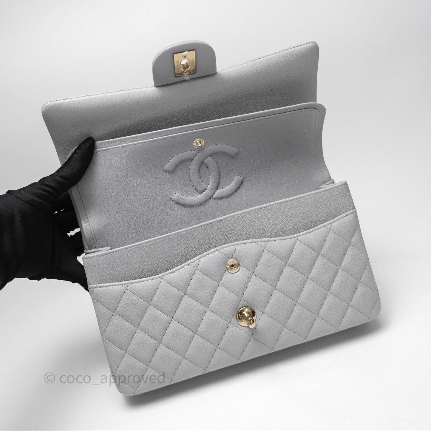 Chanel M/L Medium Classic Flap Quilted Grey Caviar Gold Hardware