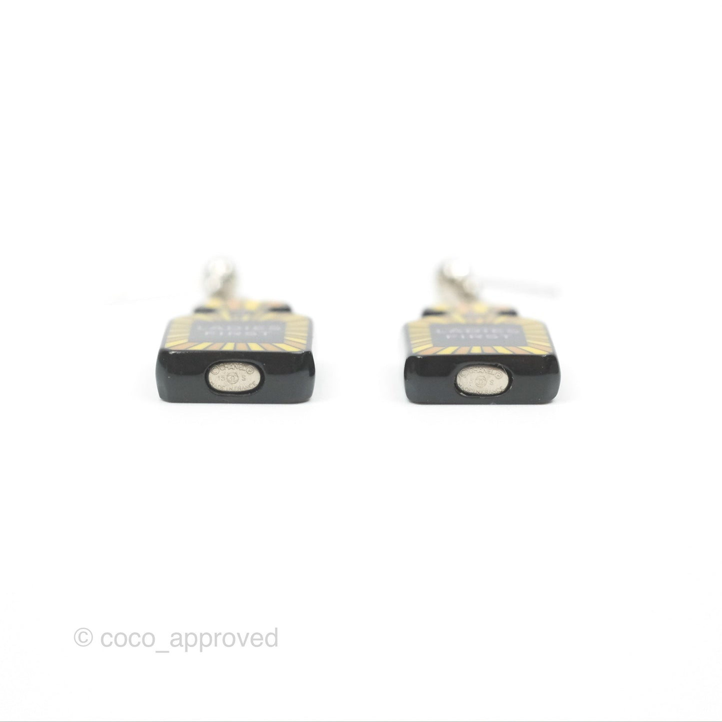 Chanel Resin Perfume Bottle Drop Earrings Black Silver Tone 15S