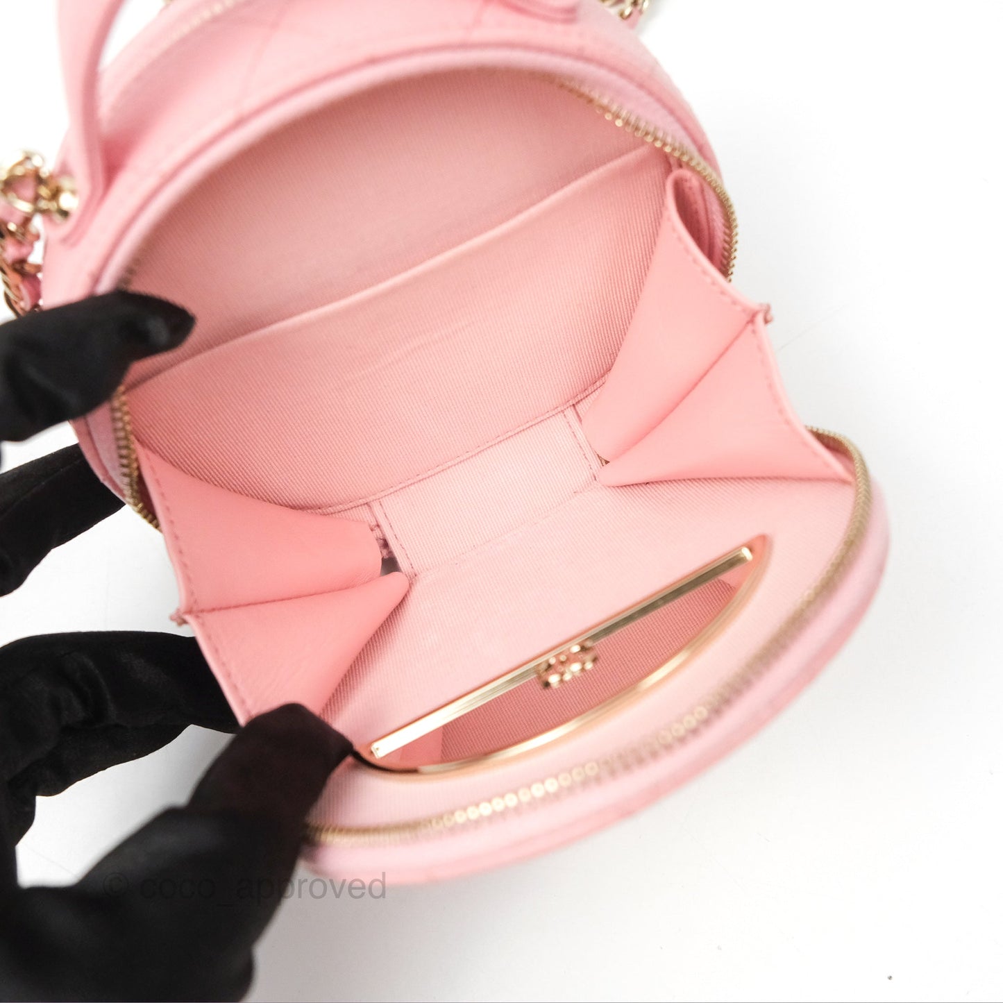 Chanel Mini Round Vanity Bag Handle With Care Pink Caviar 22C