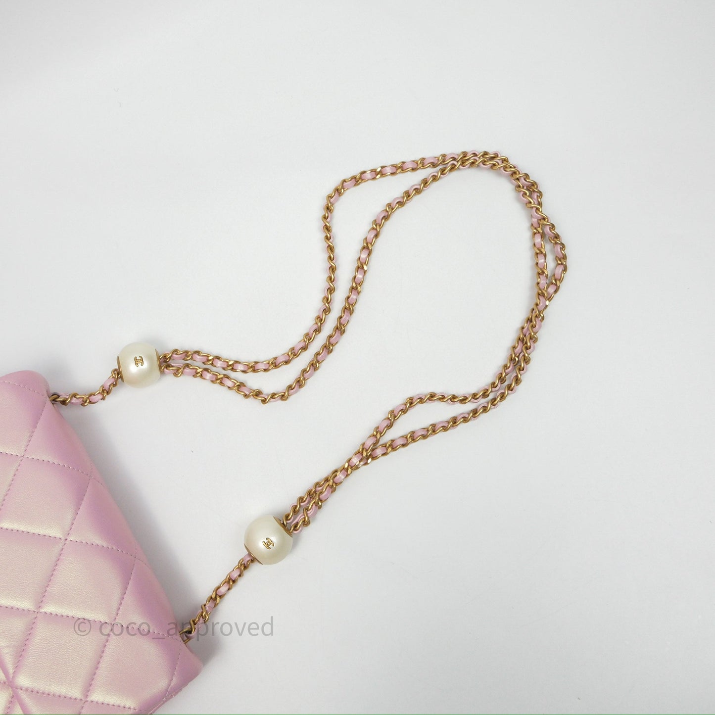 Chanel Mini Flap Bag With Pearl Adjustable Chain Iridescent Pink Lambskin Aged Gold Hardware