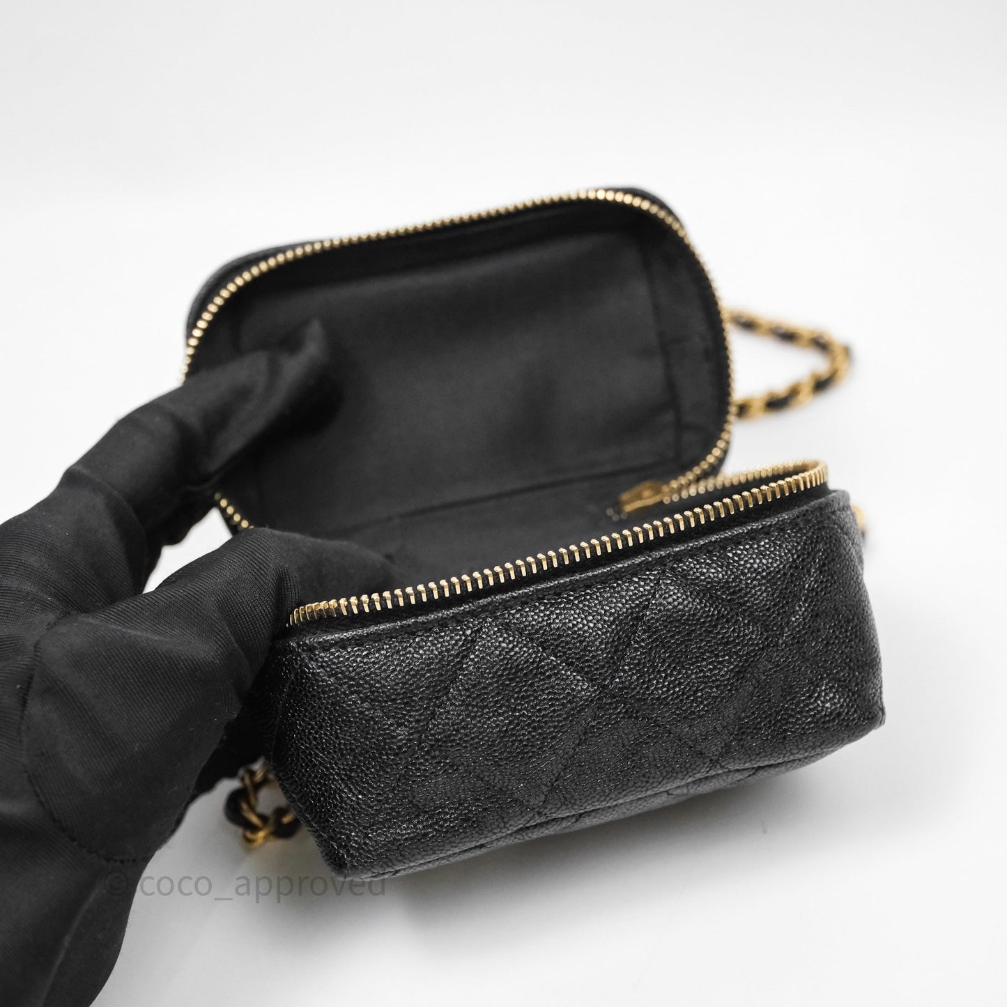 Chanel Quilted Mini Top Handle Vanity With Chain Black Caviar Aged Gold Hardware