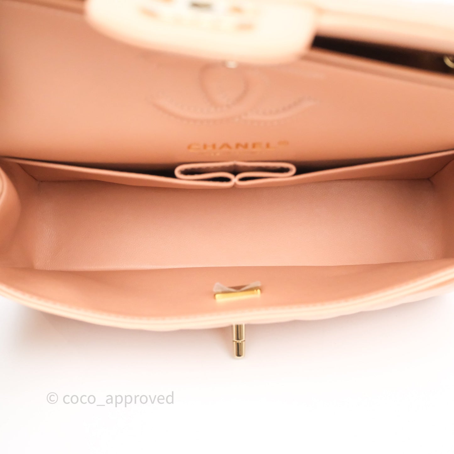 Chanel Small Classic Flap Quilted Dark Peach Beige Lambskin Gold Hardware