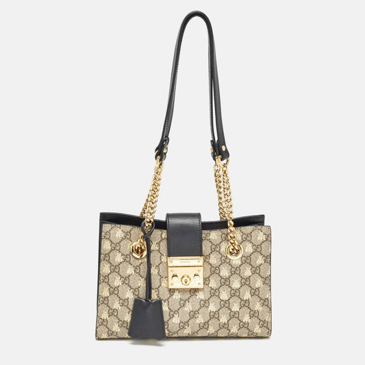 Luxury Gucci Trending 2025 Black/beige Gg Supreme Canvas And Leather Small Padlock Bee Tote