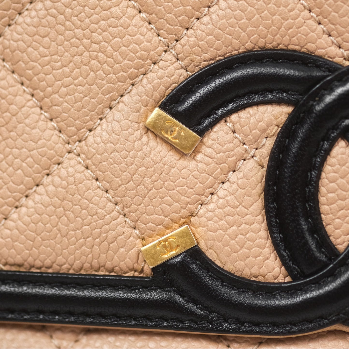 Chanel Quilted Small CC Filigree Flap Beige Black Caviar