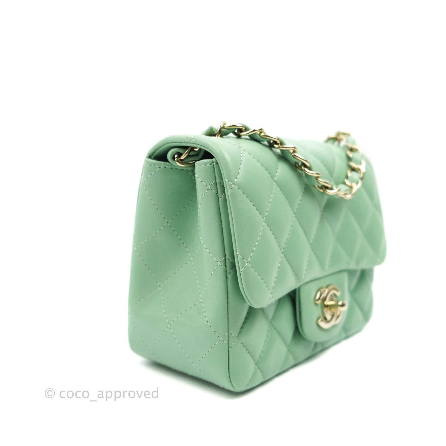Chanel Quilted Mini Square Green Lambskin Gold Hardware