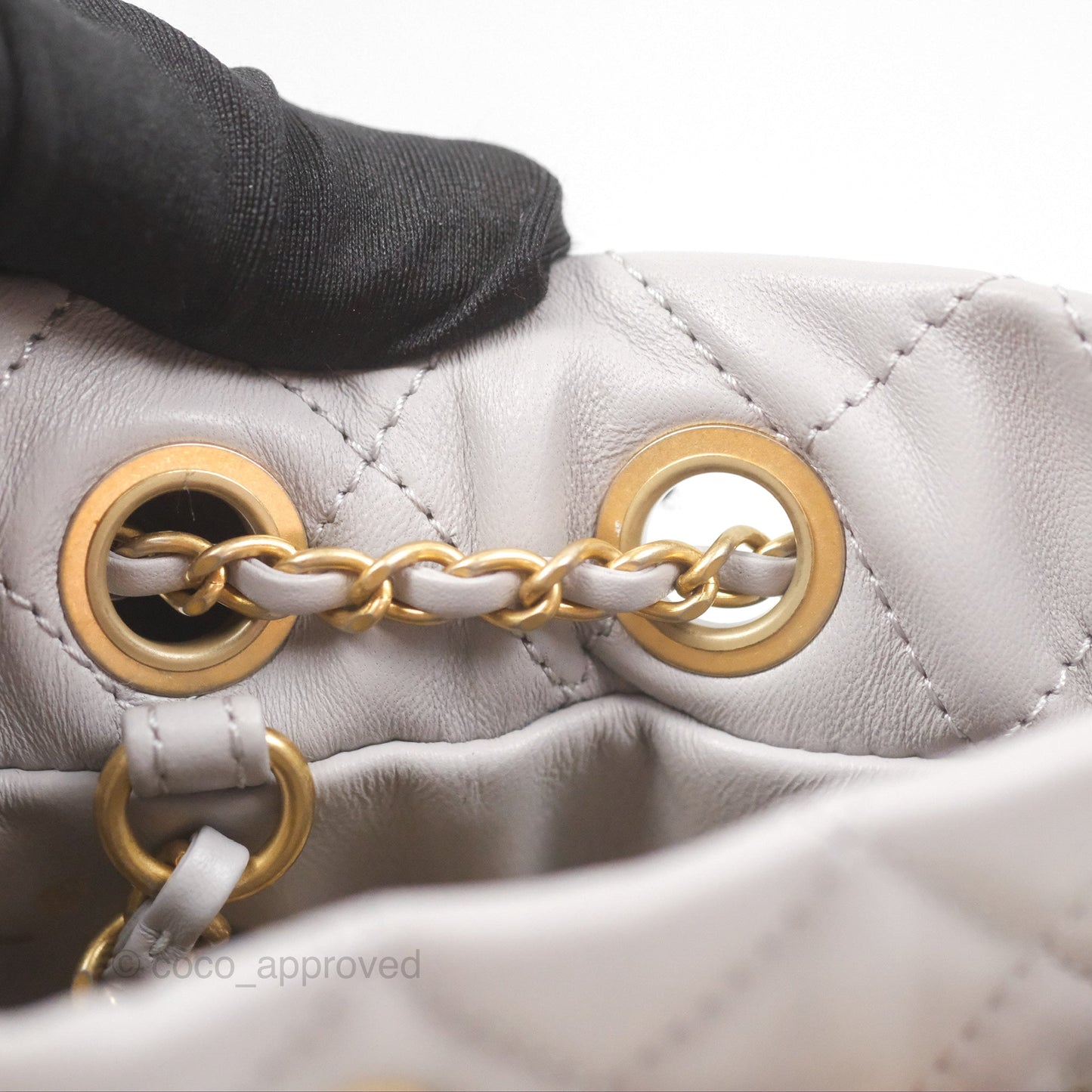 Chanel Pearl Crush Drawstring Bucket Bag Grey Lambskin Aged Gold Hardware