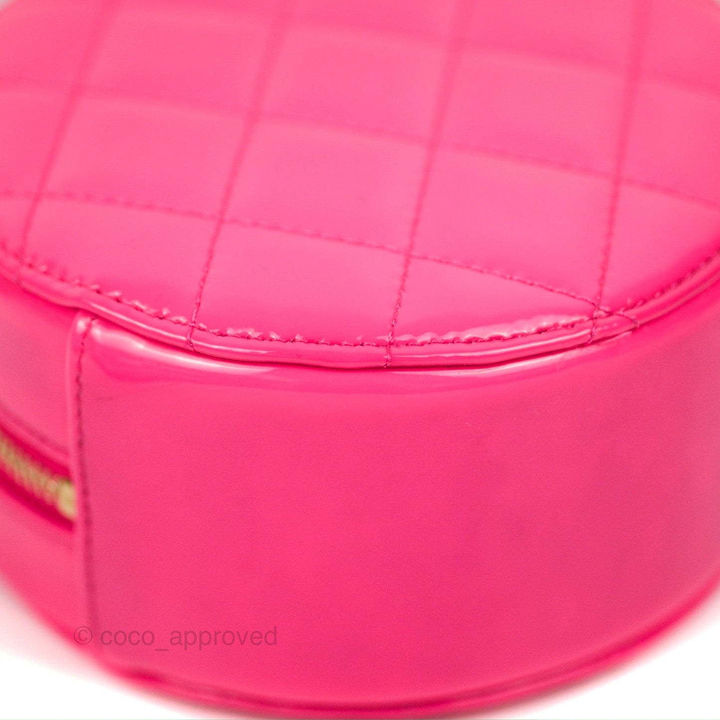 Chanel Classic Quilted Round Clutch Neon Pink Patent Gold Hardware