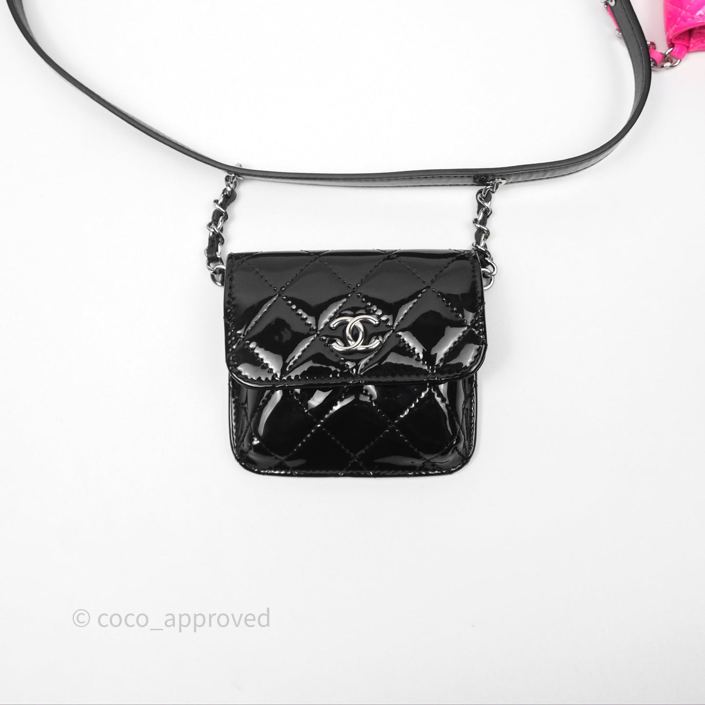 Chanel Double Waist Belt Bag Patent Pink / Black Silver Hardware