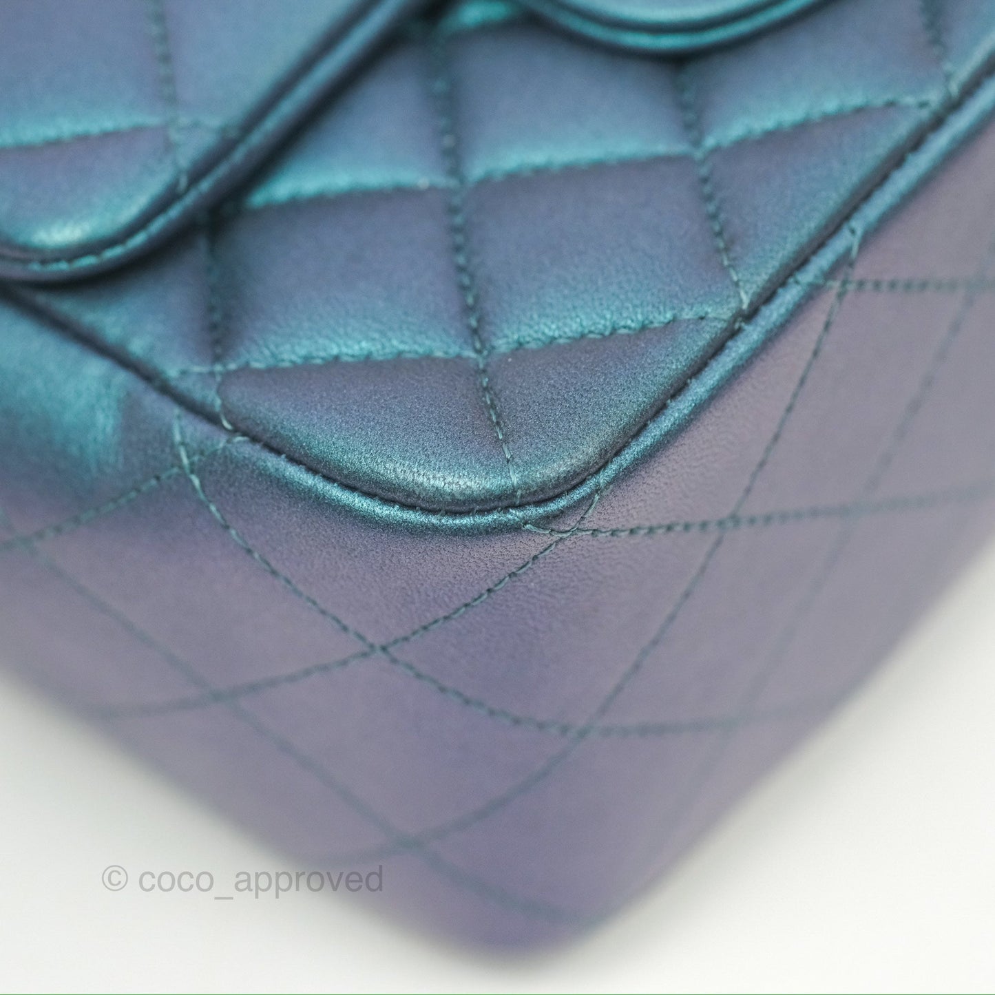 Chanel Mini Square Flap Quilted Iridescent Teal Lambskin Gun Metal