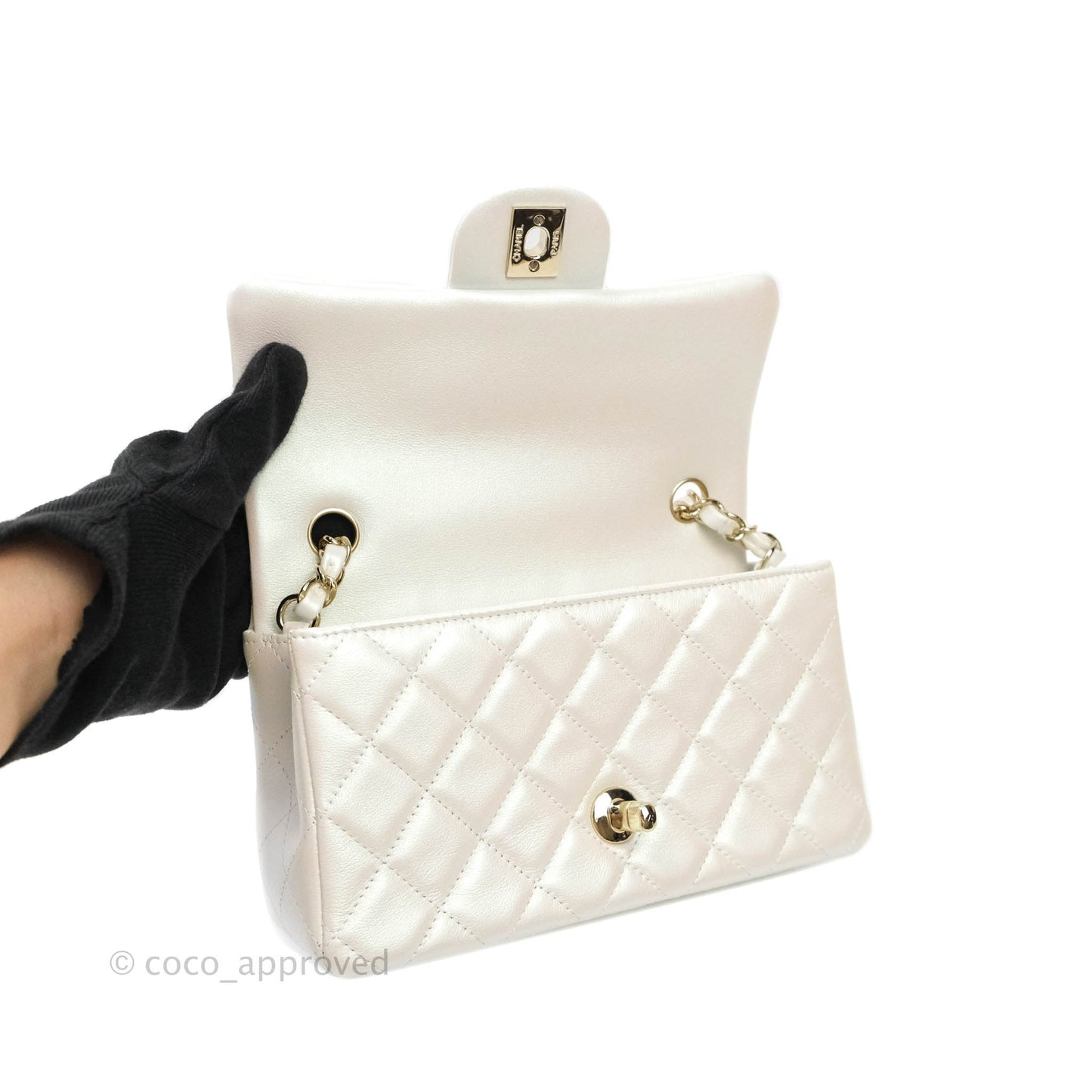 Chanel Quilted Mini Rectangular Iridescent White Lambskin Gold Hardware