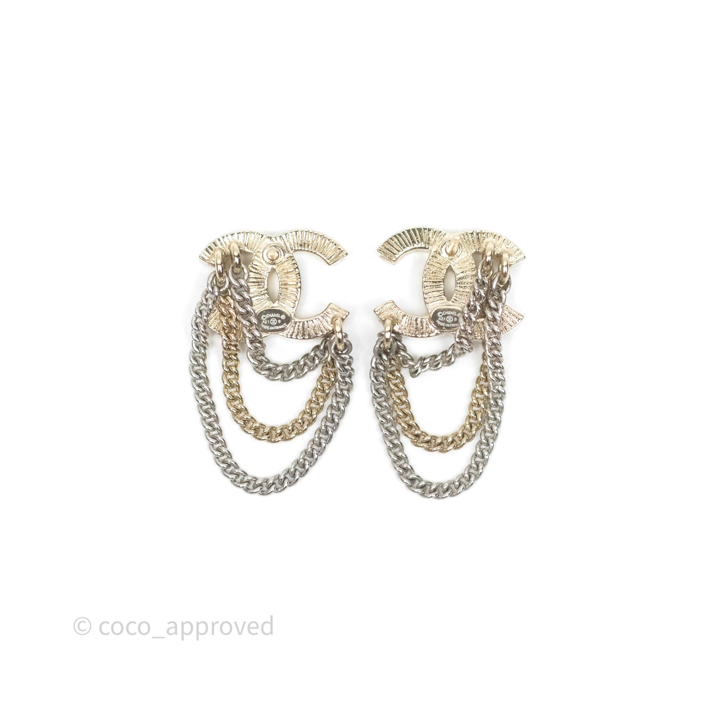 Chanel CC Crystals Chains Drop Earrings Gold Tone 21B