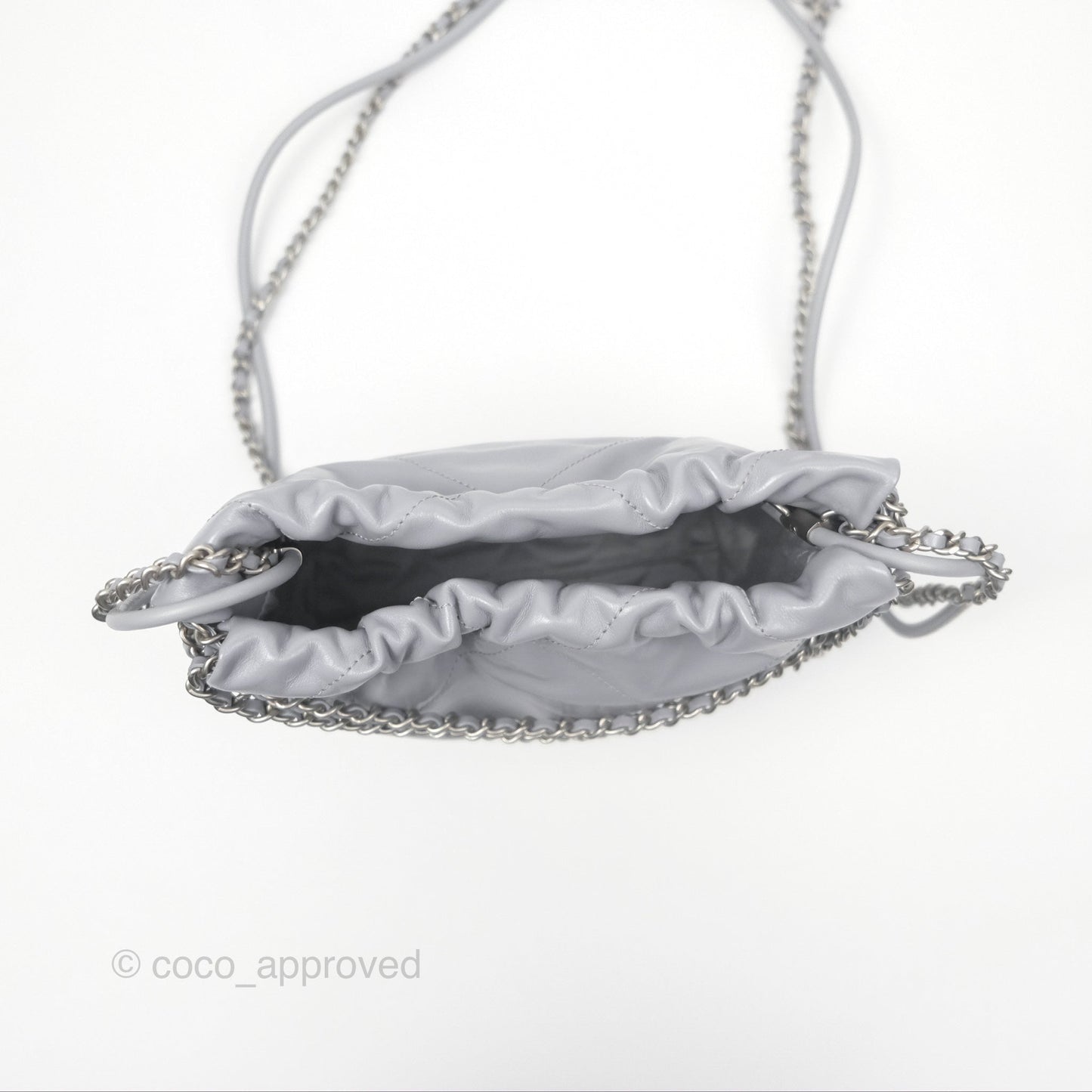 Chanel 22 Mini Bag Light Grey Shiny Crumpled Calfskin Matte Silver Hardware
