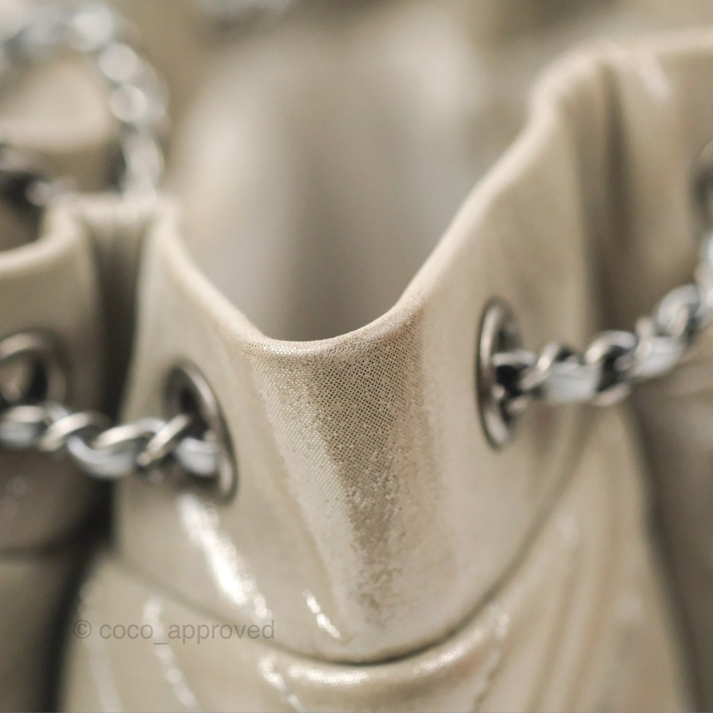 Chanel Small Urban Spirit Drawstring Bag Chevron Iridescent Silver Calfskin