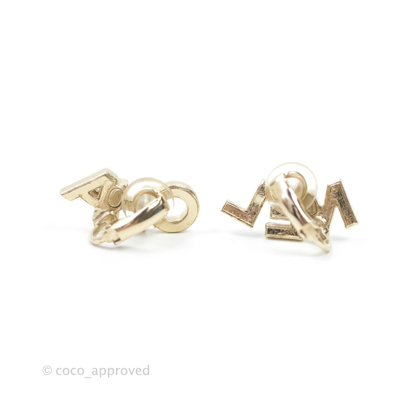 Chanel Crystal Pearl Signature Stud Ear Clips Gold Tone 20B