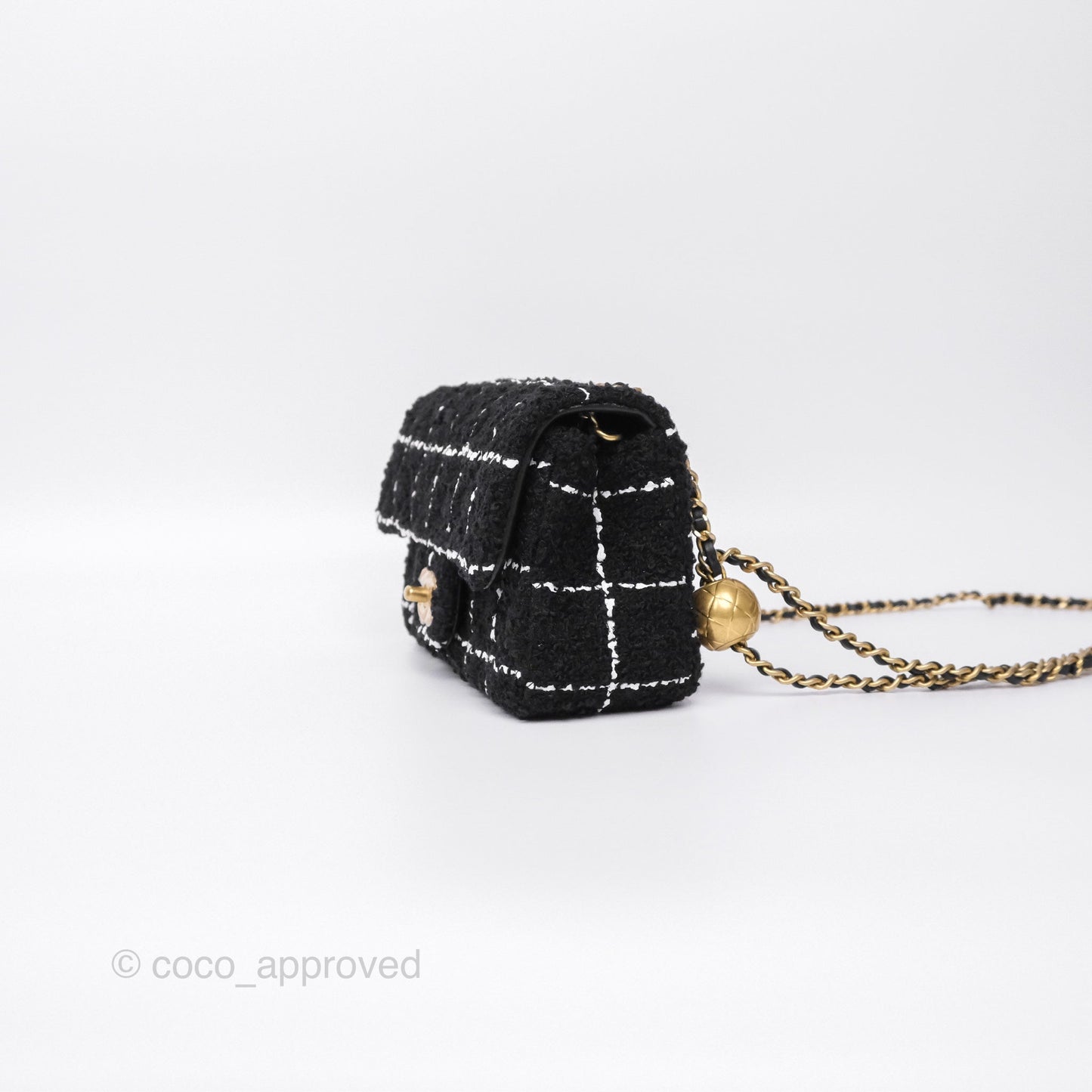 Chanel Pearl Crush Mini Rectangular Grid Black White Tweed Aged Gold Hardware