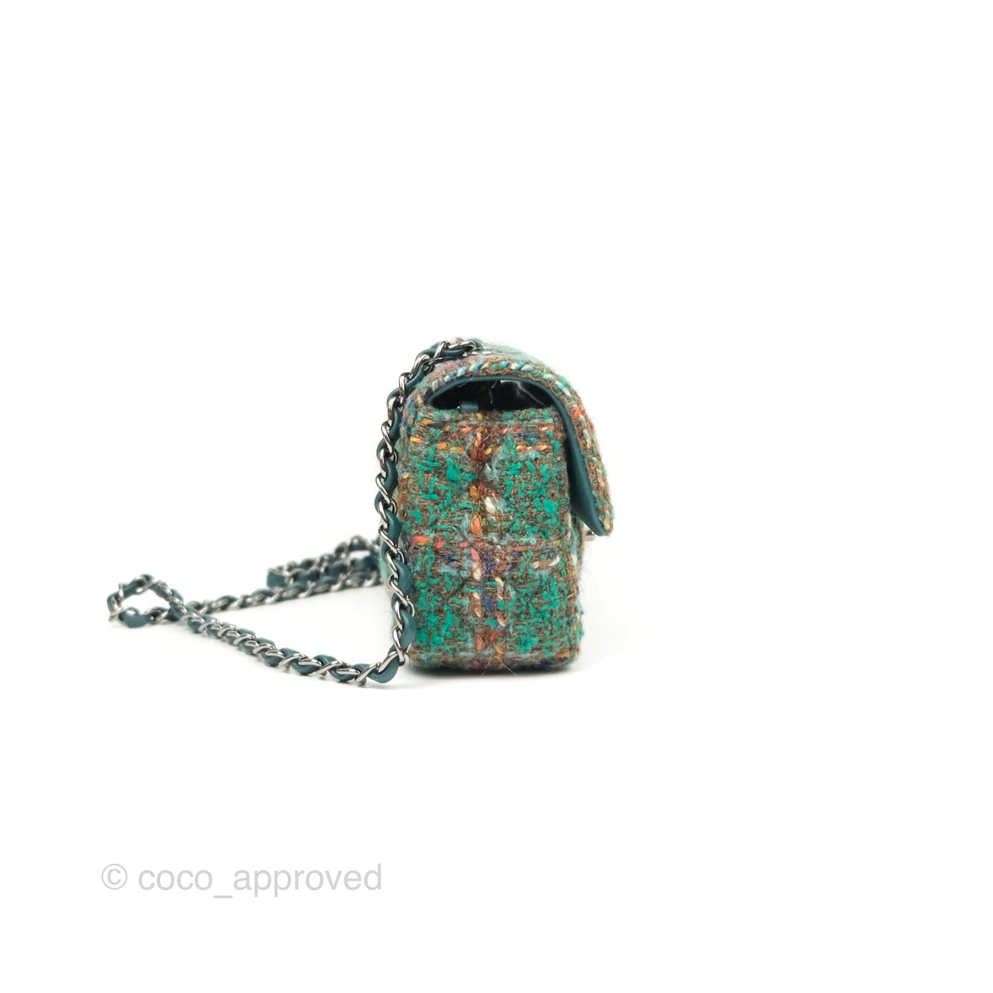 Chanel Mini Rectangular Flap Quilted Green Tweed Gun Metal 23A