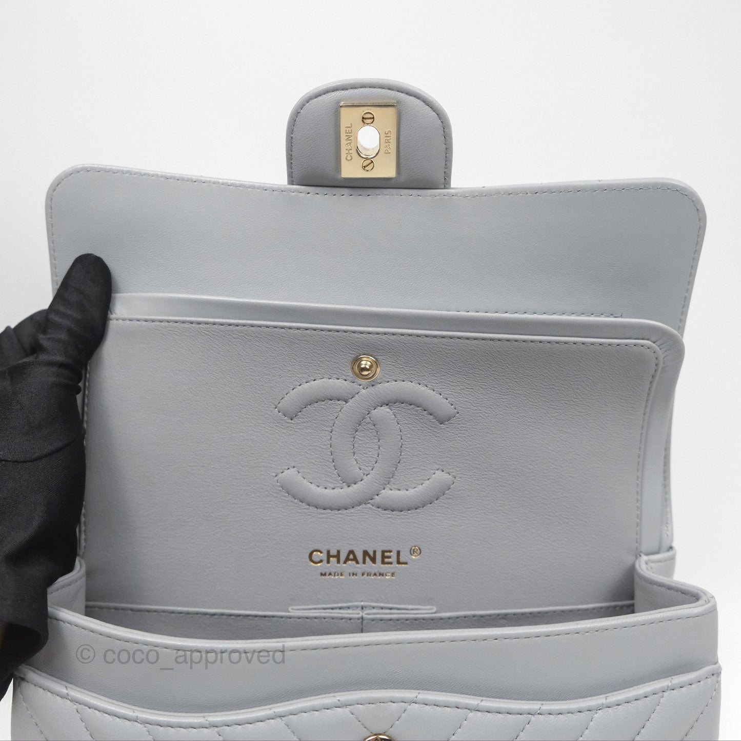 Chanel Small Classic Chevron Flap Grey Lambskin Gold Hardware