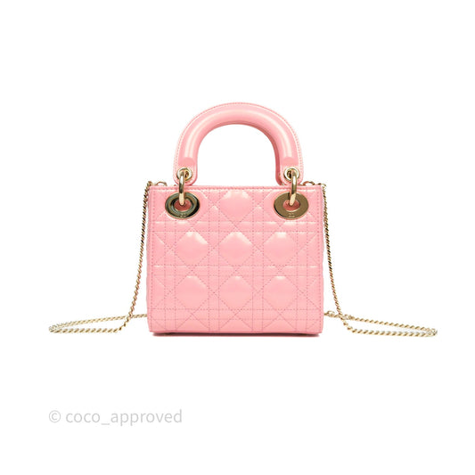 Dior Mini Lady Dior Pink Pearlescent Patent Cannage Gold Hardware