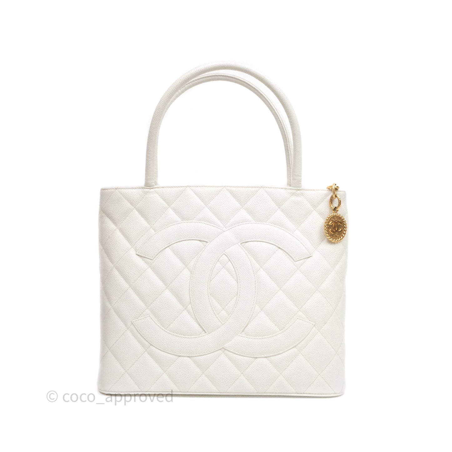 Chanel Vintage Medallion CC White Caviar Tote Bag Gold Hardware