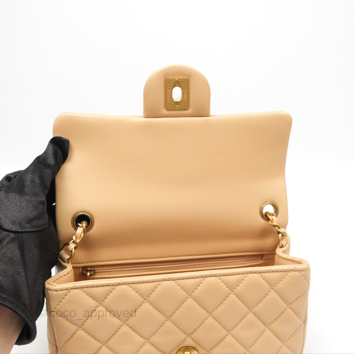 Chanel Pearl Crush Mini Rectangular Beige Lambskin Aged Gold Hardware