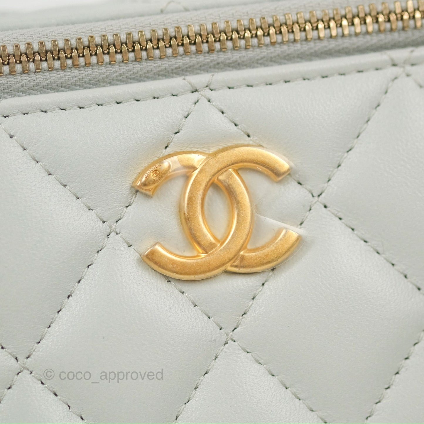 Chanel Quilted Vanity Rectangular with Camellia Adjustable Chain Light Blue Lambskin 23S