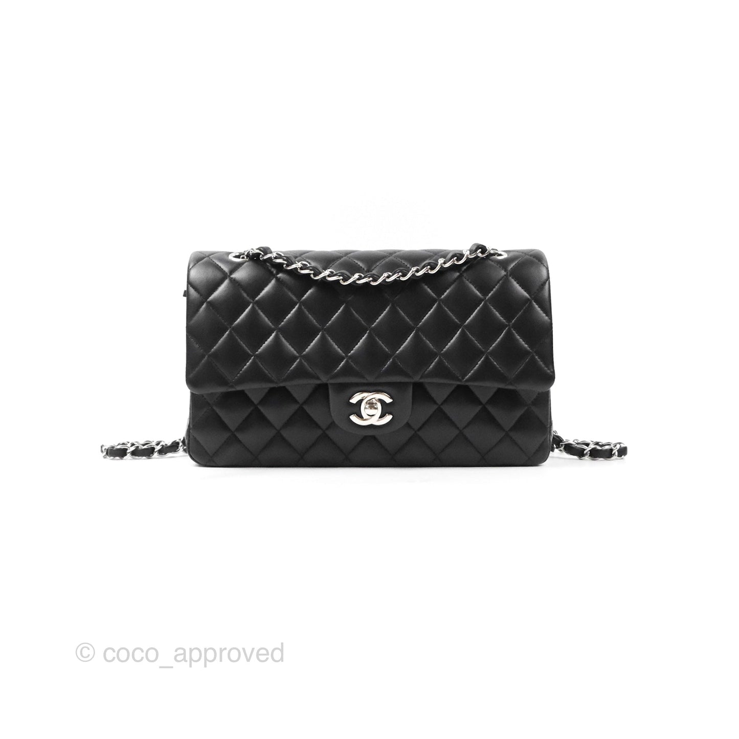 Chanel Classic M/L Medium Flap Quilted Black Lambskin Silver Hardware