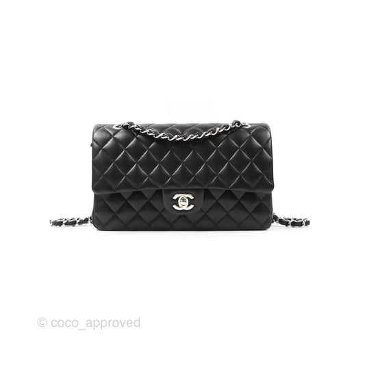 Chanel Classic M/L Medium Flap Quilted Black Lambskin Silver Hardware