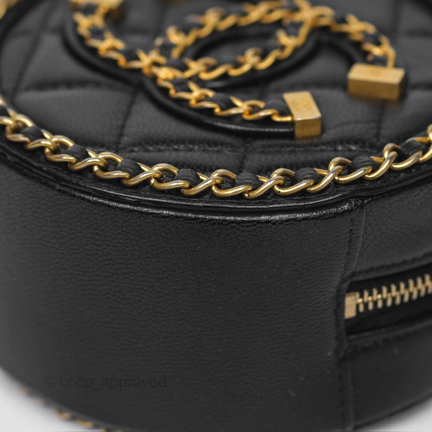 Chanel Chained Round Filigree Clutch With Chain Black Lambskin Gold Hardware