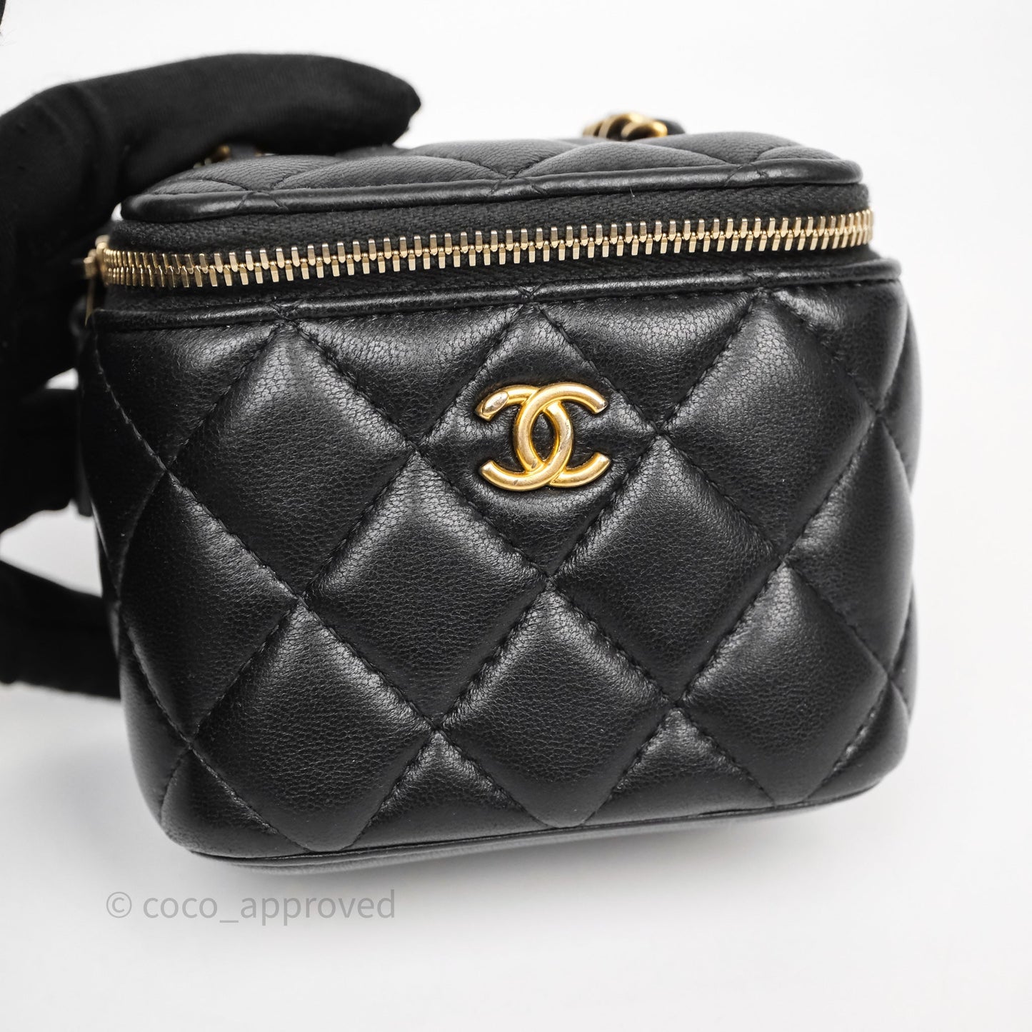 Chanel Mini Black Lambskin Vanity Pearl Crush With Chain Gold Hardware