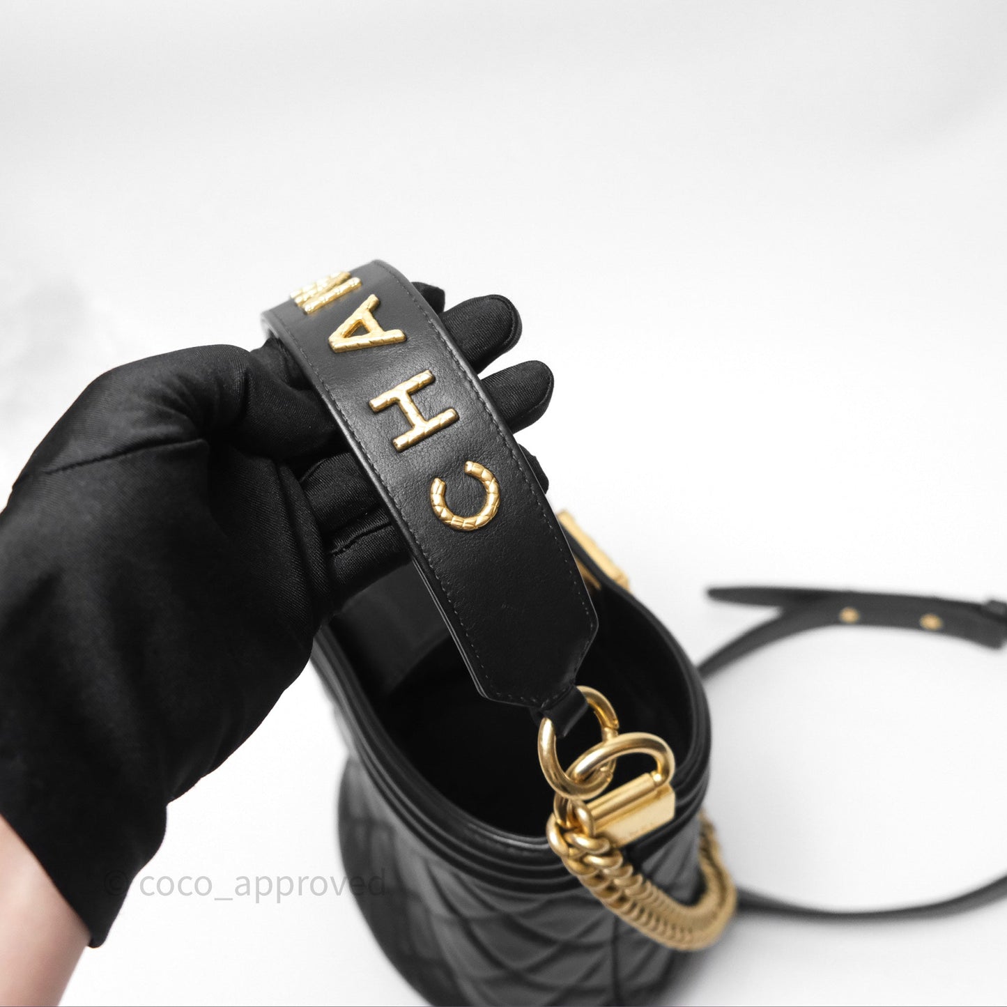 Chanel Quilted Boy Bucket Bag Black Lambskin Aged Gold Hardware