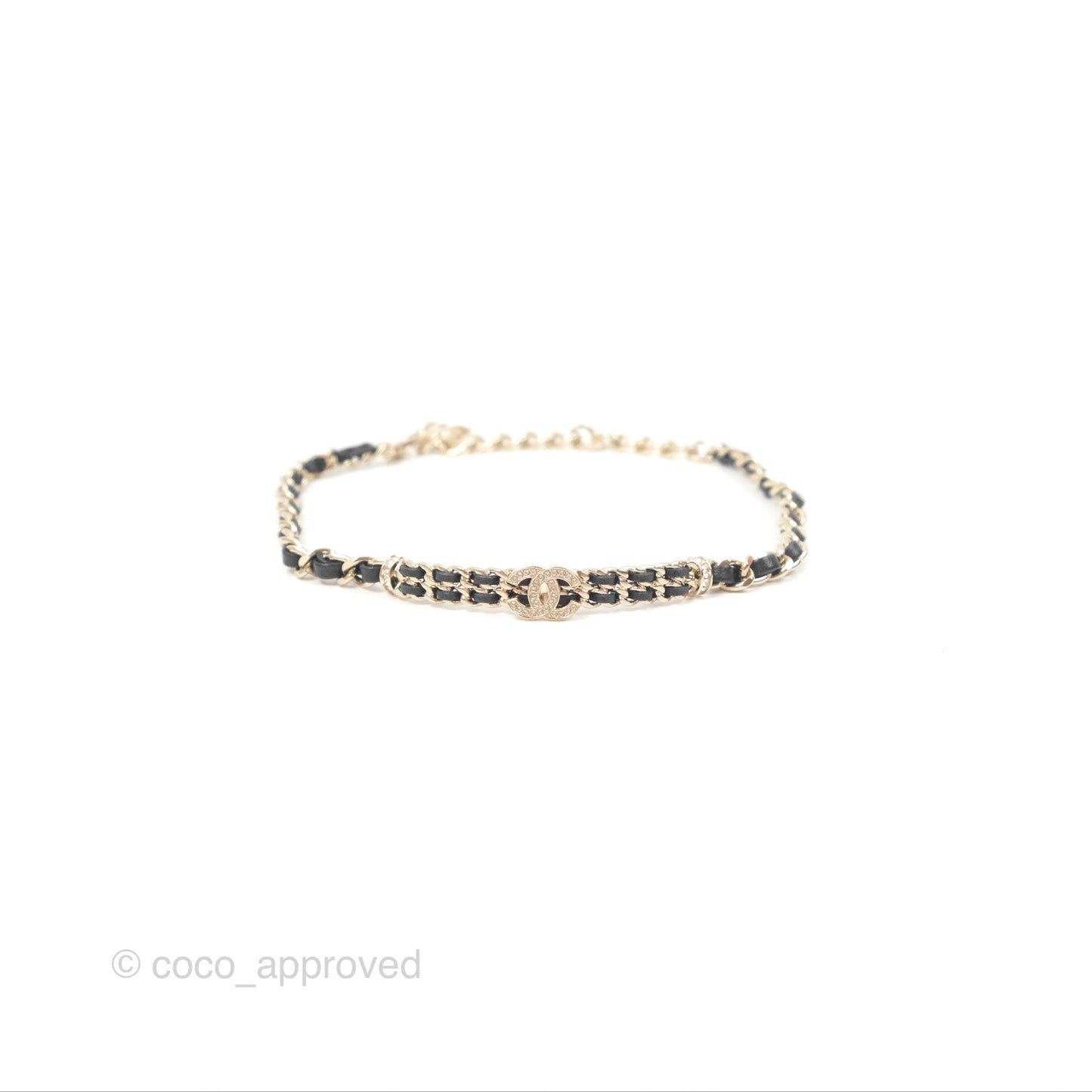 Chanel Crystal CC Black Leather Chain Choker Gold Tone 21B