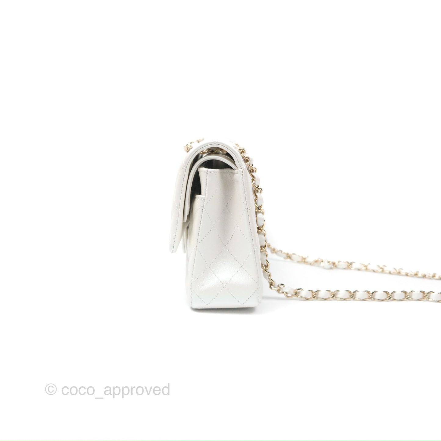 Chanel Classic M/L Medium Double Flap Iridescent White Calfskin Gold Hardware