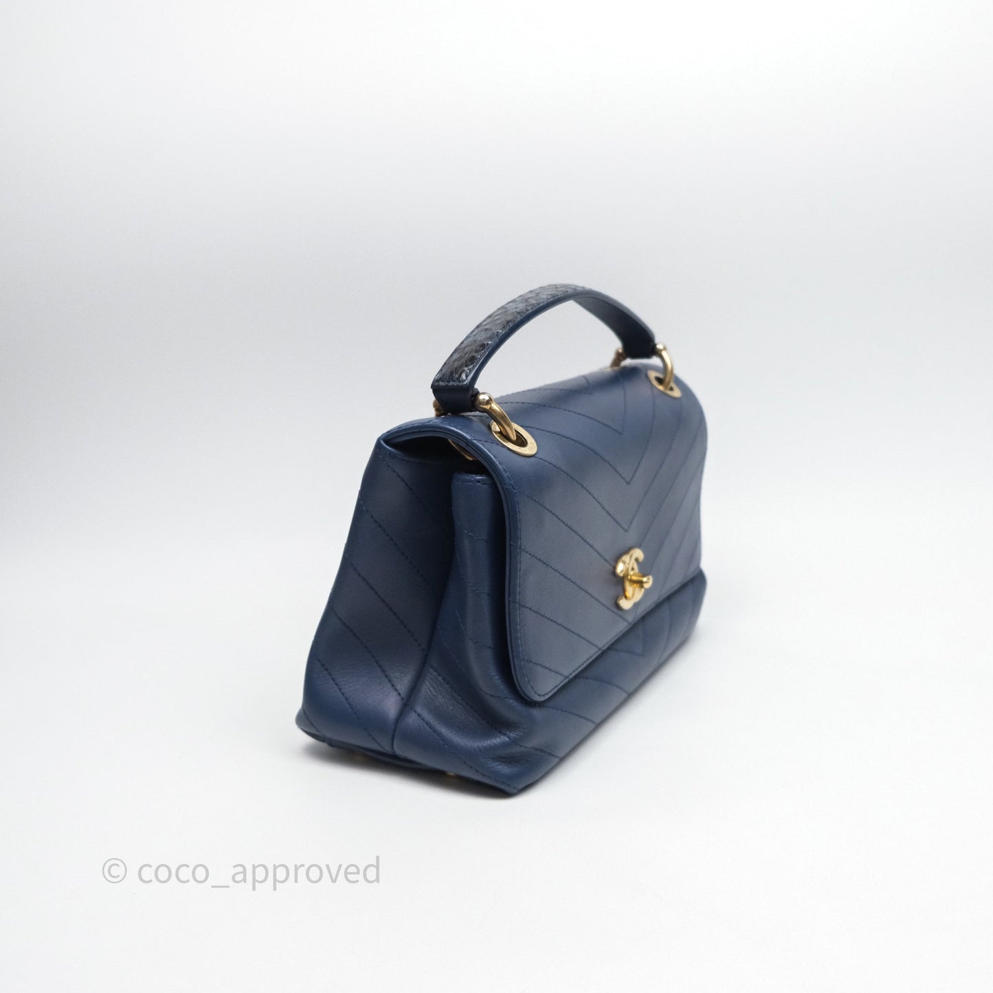 Chanel Small Chevron Python Chic Top Handle Flap Blue Calfskin Gold Hardware
