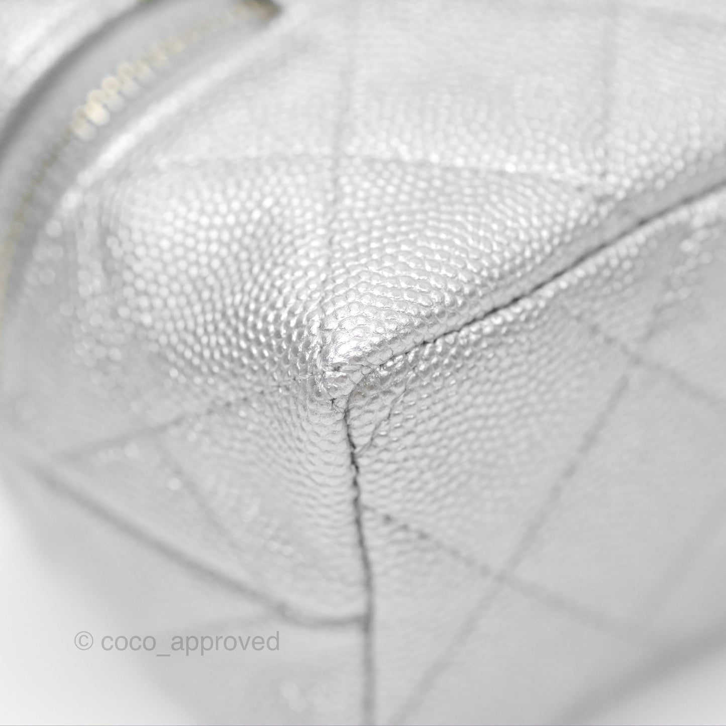 Chanel Quilted Mini Top Handle Vanity With Chain Metallic Silver Caviar Silver Hardware