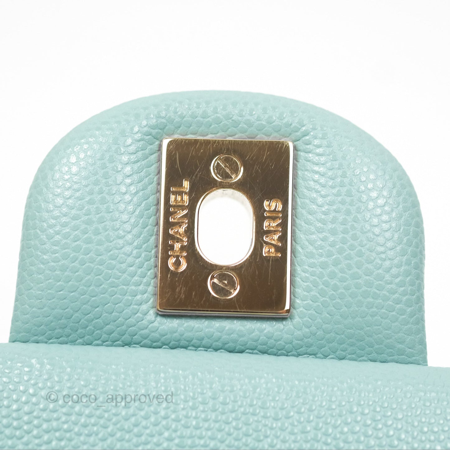 Chanel Small Classic Quilted Flap Tiffany Green Caviar Gold Hardware