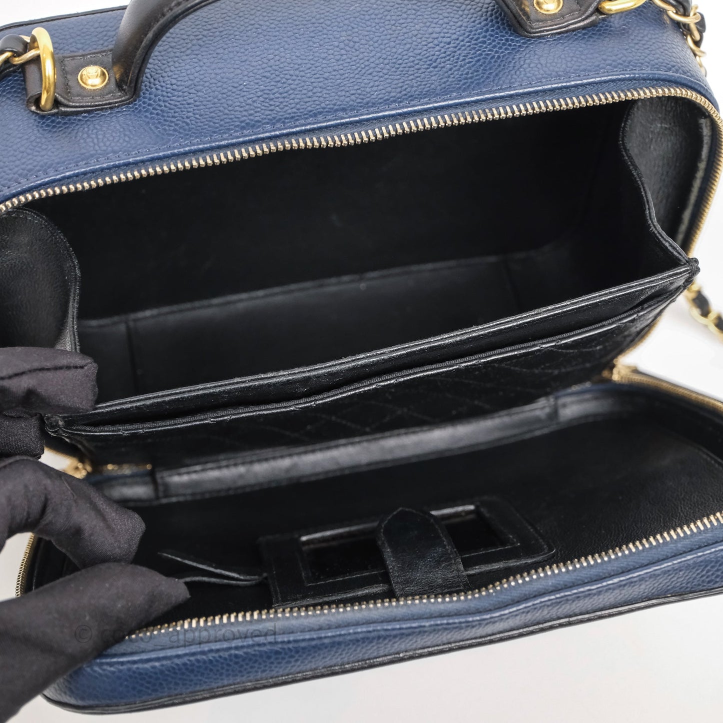 Chanel Quilted Large CC Filigree Vanity Case Navy Black Caviar Aged Gold Hardware