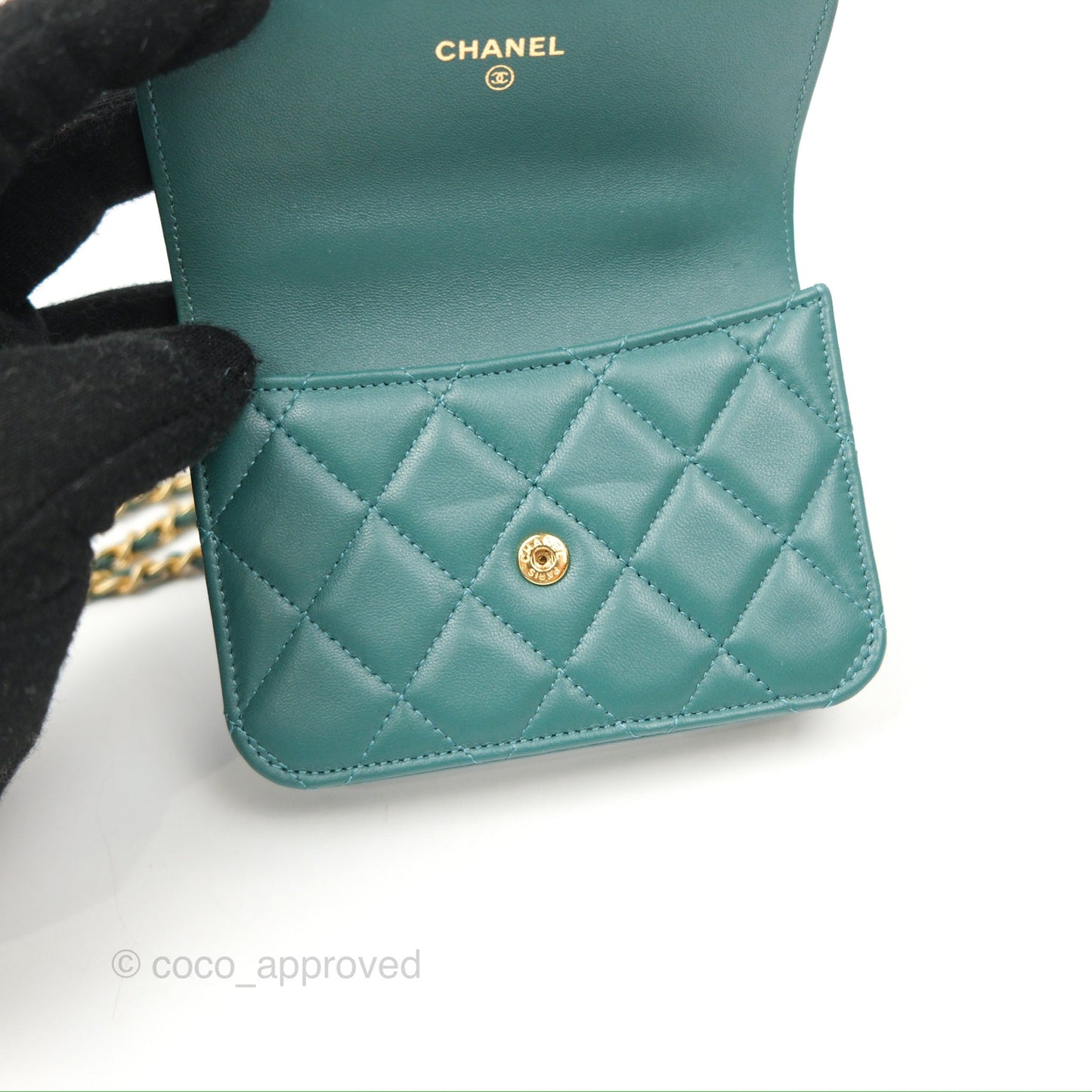 Chanel Mini Handle Flap Coin Purse With Chain Teal Green Lambskin Aged Gold Hardware