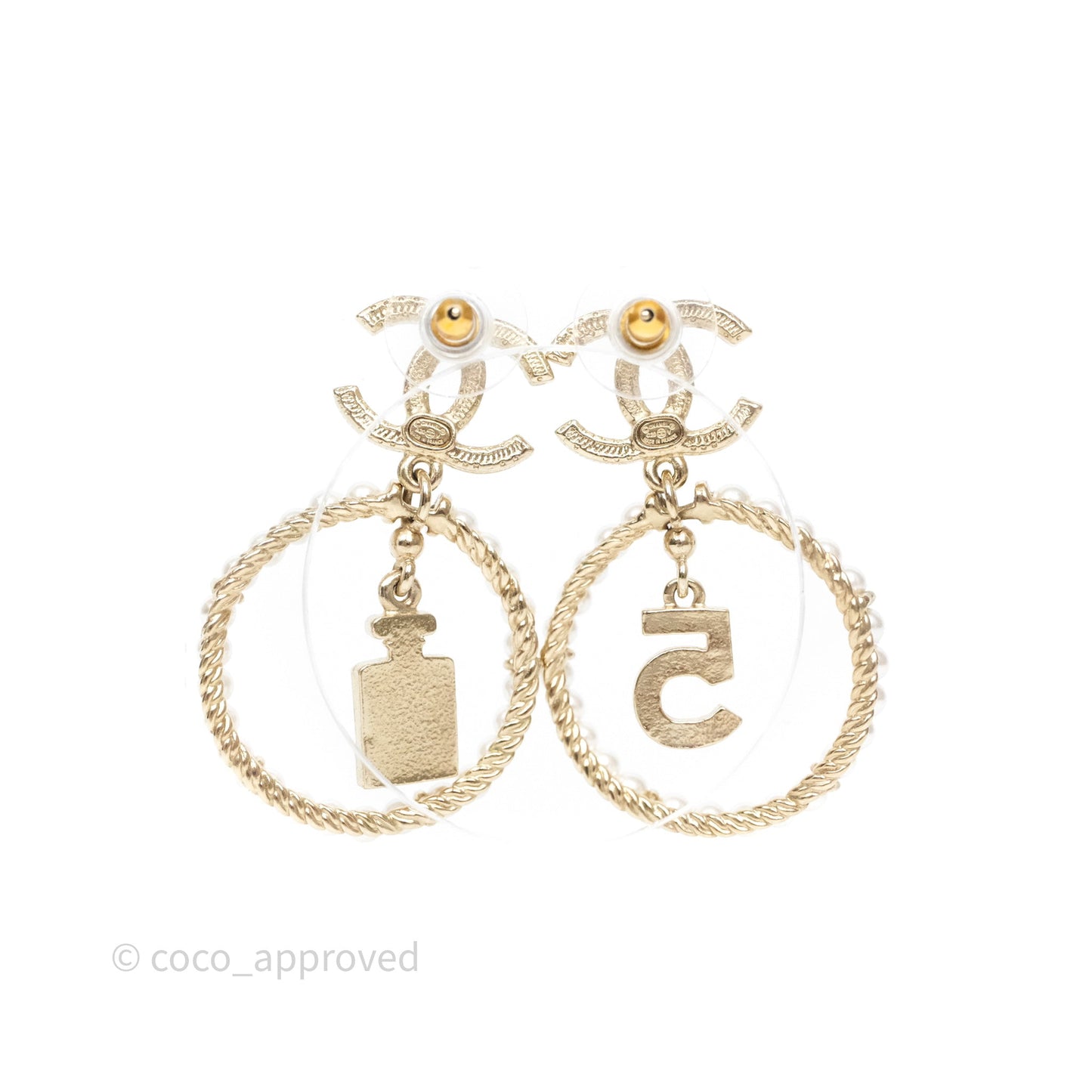 Chanel Crystals CC Drop Pearl Round No5 Perfume Bottle Earrings 20V