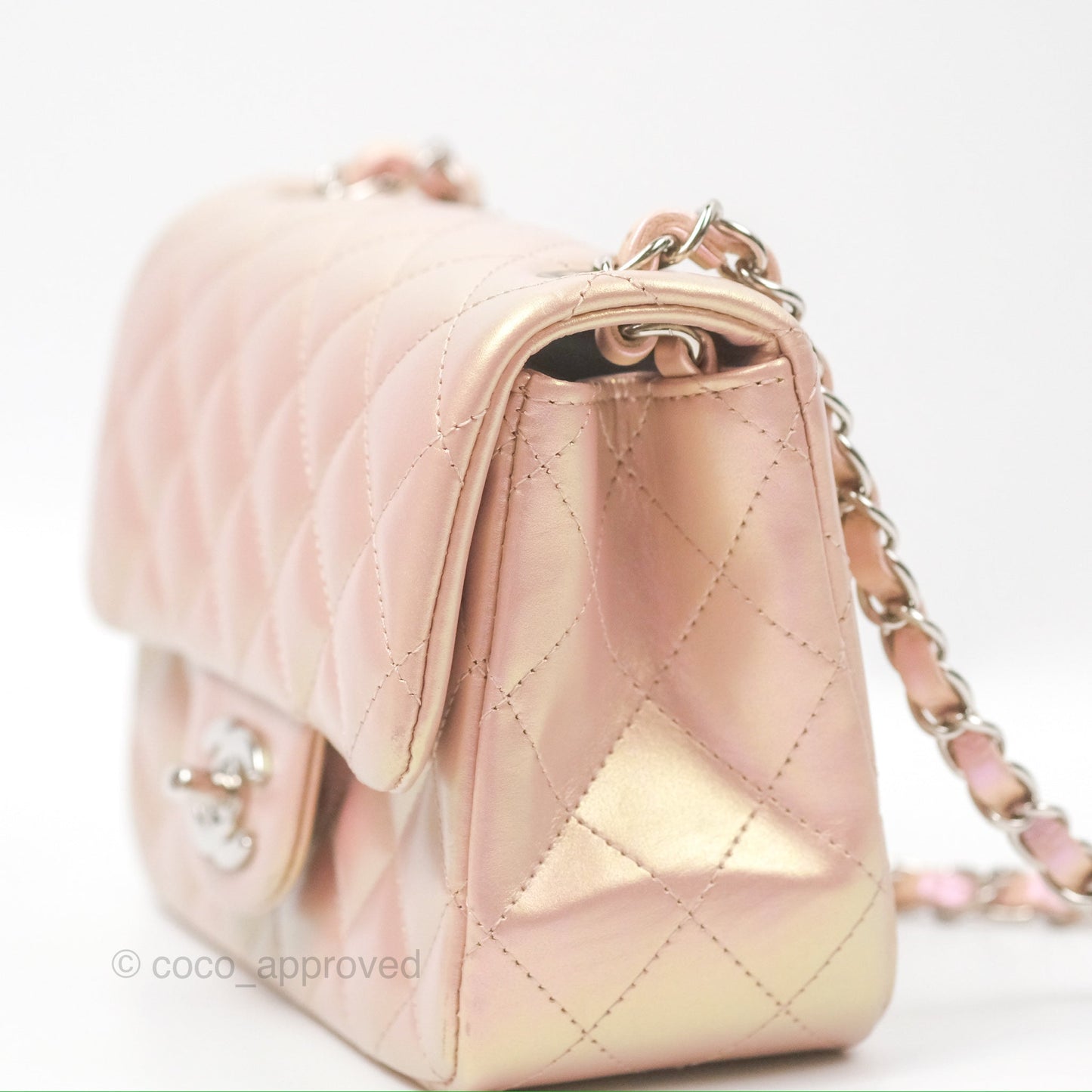Chanel Mini Square Quilted Iridescent Pink Silver Hardware