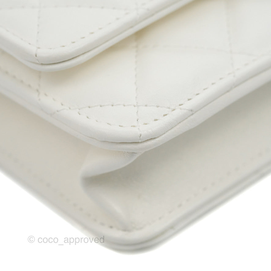 Chanel Quilted Double Chain WOC White Shiny Lambskin Aged Gold Hardware 23C