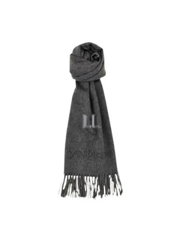 Luxury Saint Laurent Logo Embroidered Cashmere Muffler Graphite
