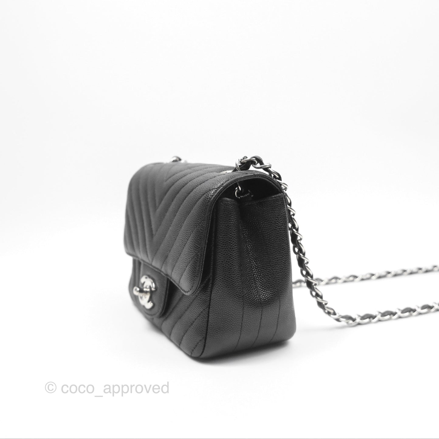 Chanel Mini Square Chevron Black Caviar Silver Hardware