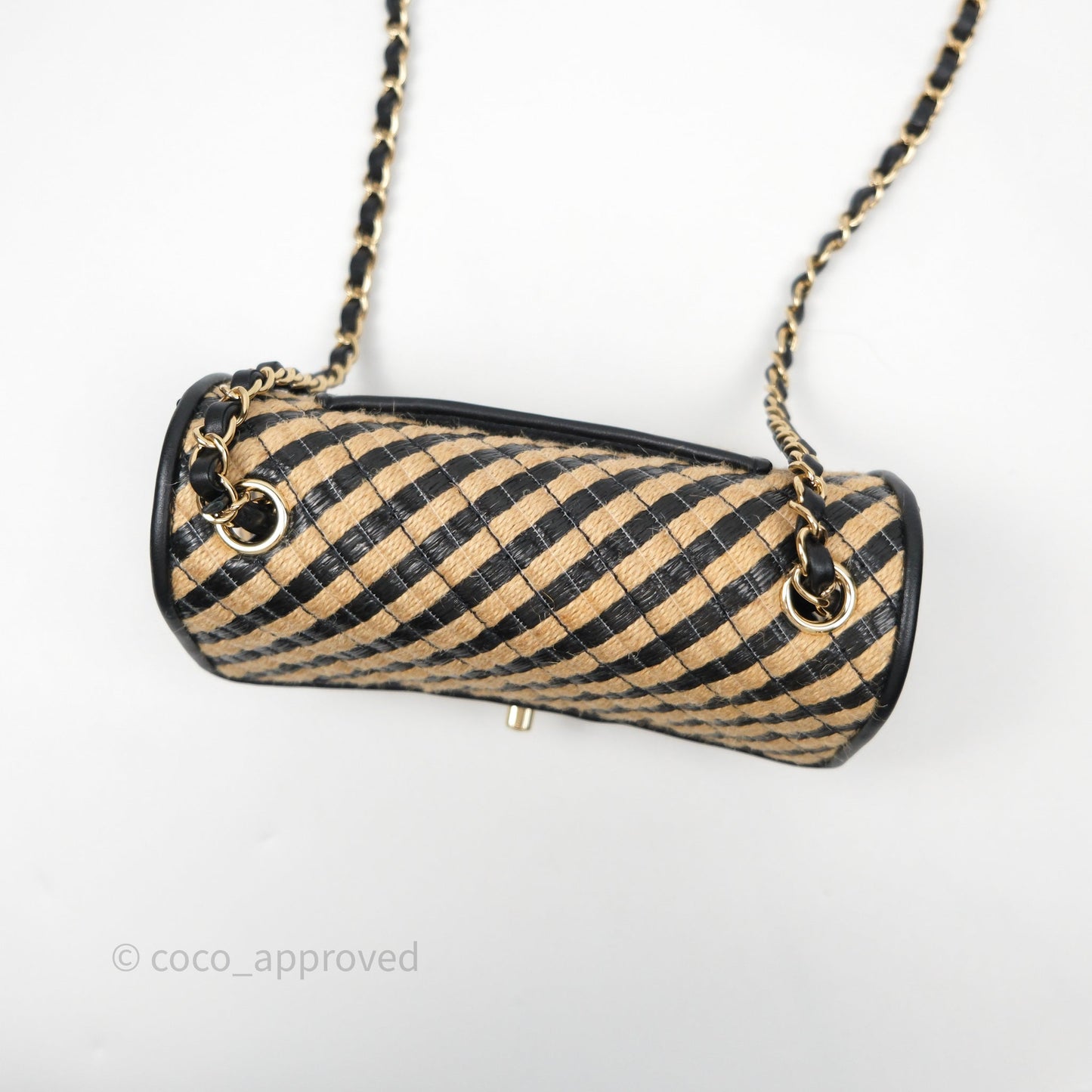 Chanel Quilted Mini Rectangular Flap Raffia Jute Thread Black & Beige Gold Hardware