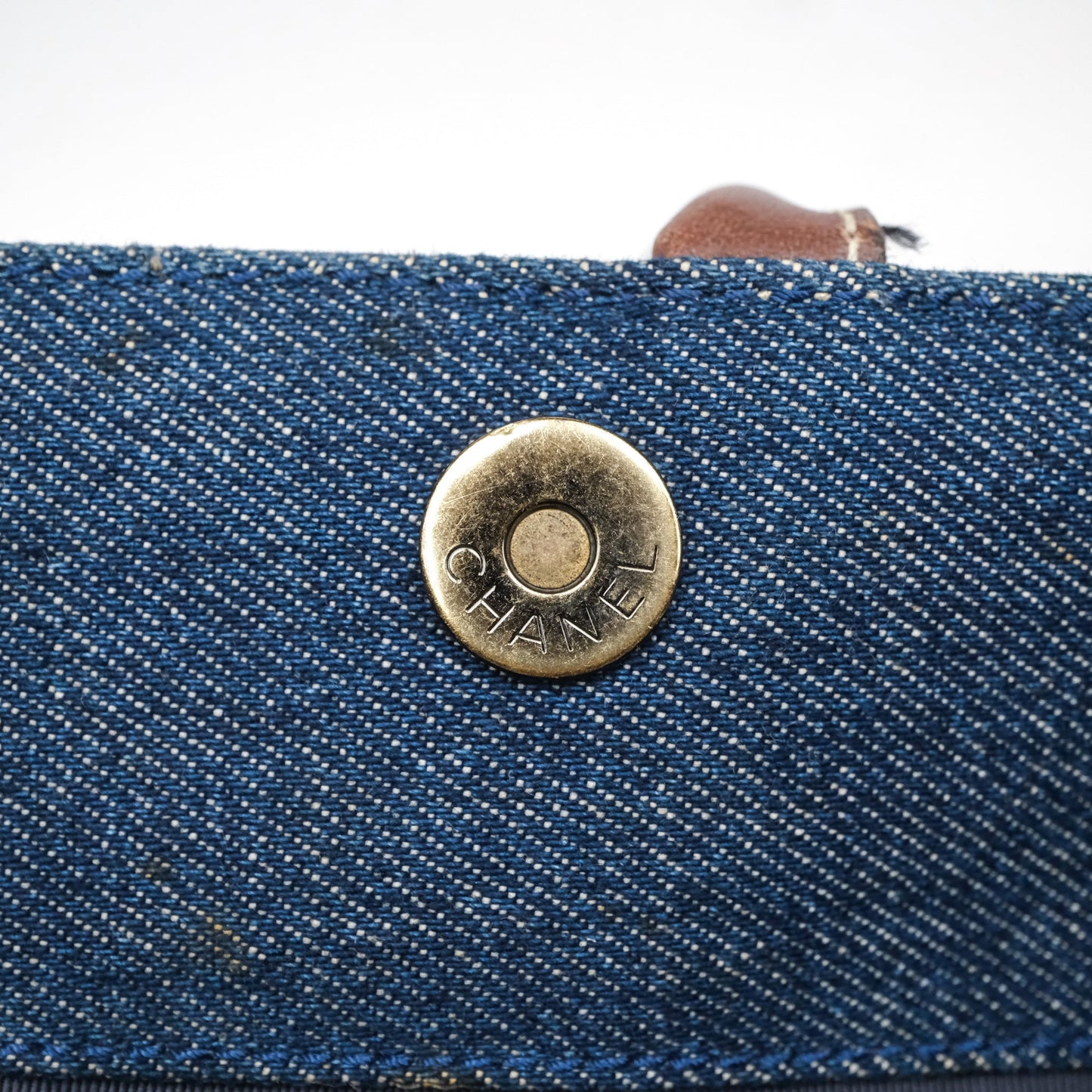 Chanel Vintage CC Tote Bag Denim Brown Leather