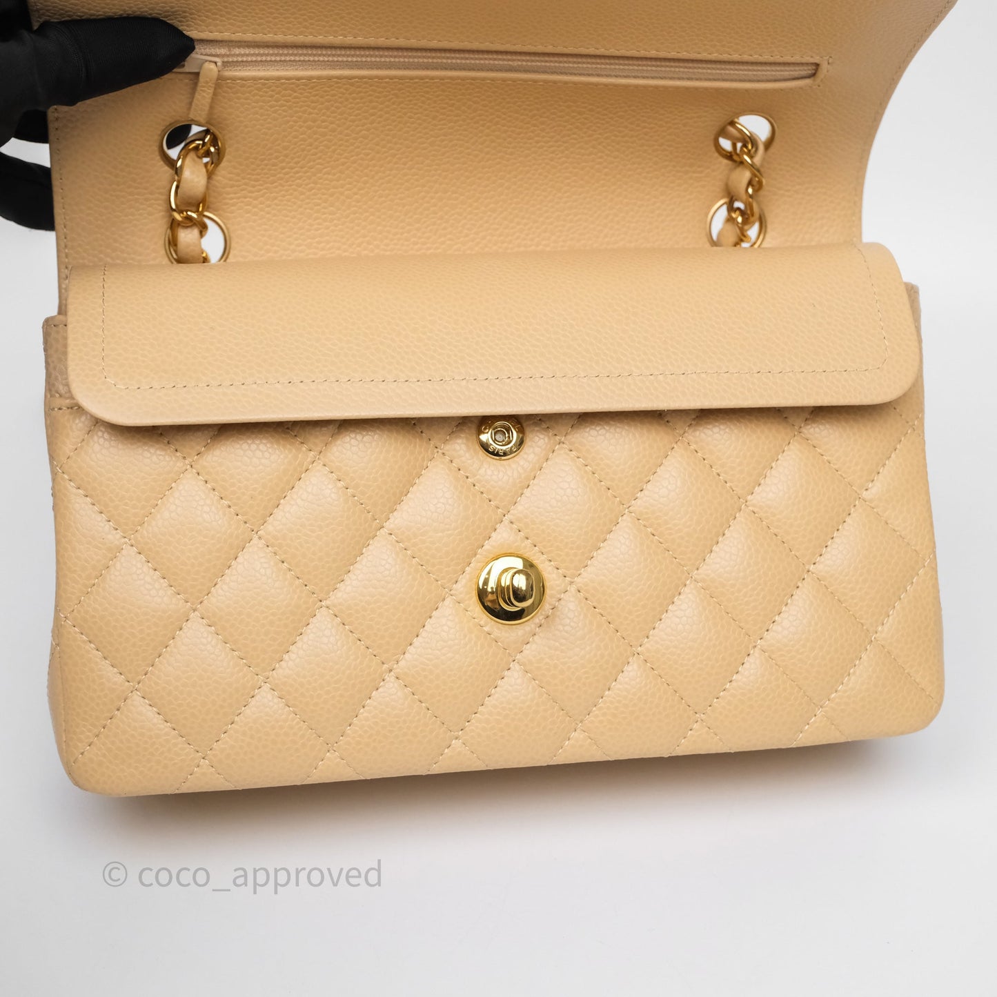 Chanel Small Classic Flap Quilted Beige Caviar Gold Hardware