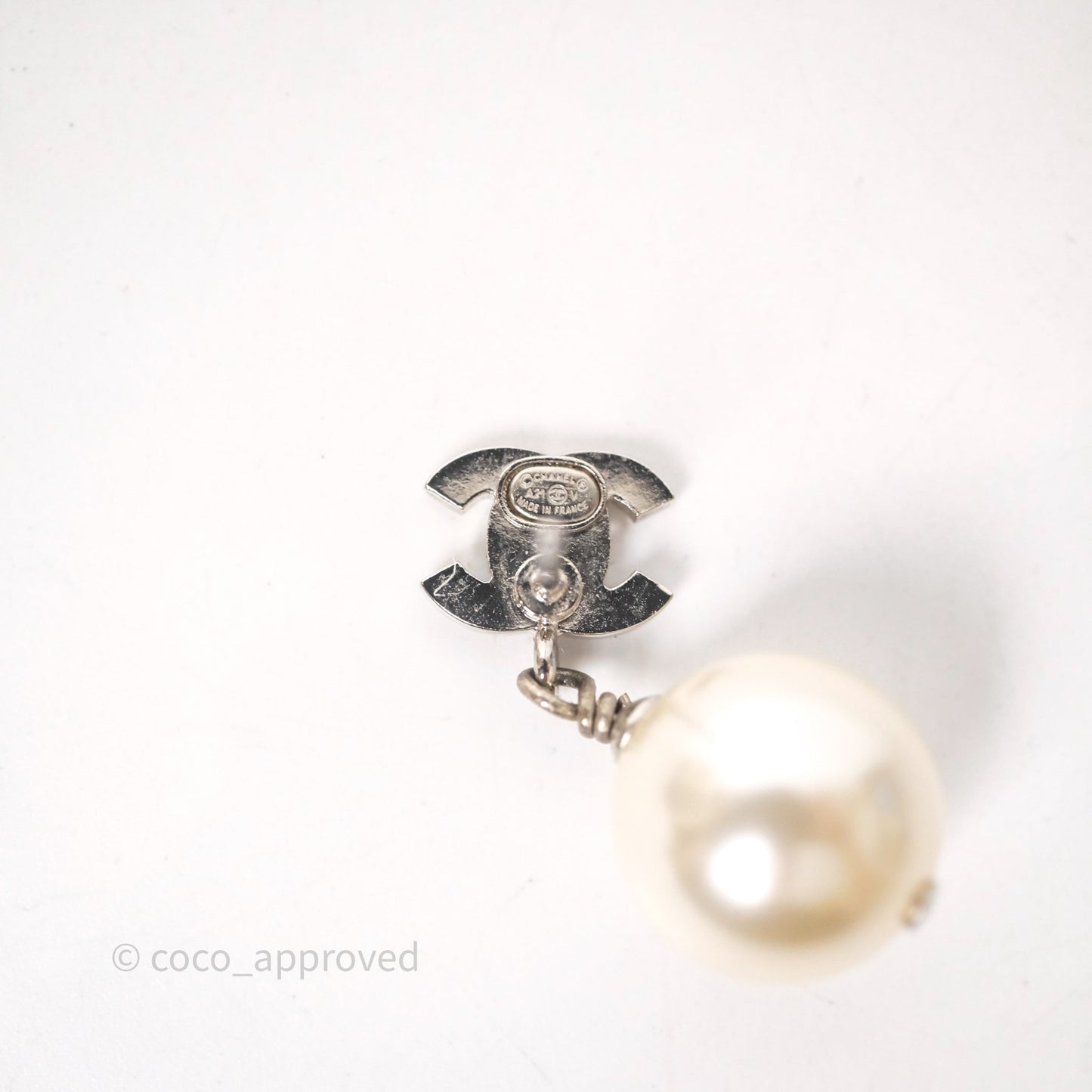 Chanel CC Crystal Pearl Drop Earrings Silver Tone 21V